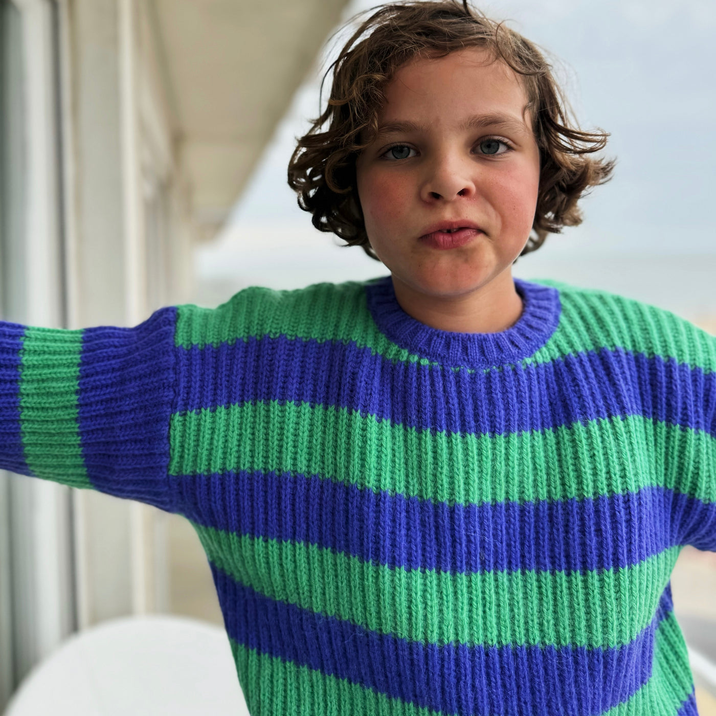 Piupiuchick - Knitted sweater kids groen & paarse strepen